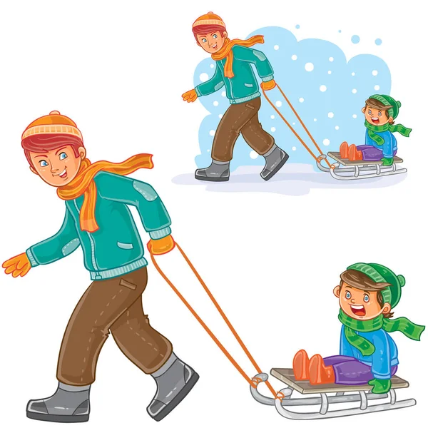 Vector dad, older brother dragging sled with little boy — Stock Vector