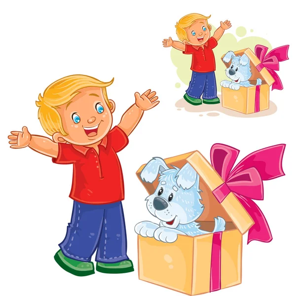 Vector pequeño niño abrió una caja de regalo y vio a un cachorro sentado allí . — Vector de stock