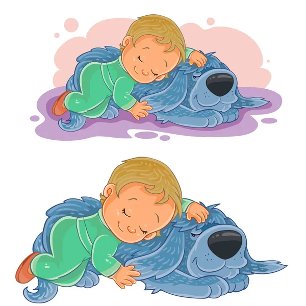 Vektor kis gyerek elalszik, egy párnát a kutya helyett. — Stock Vector