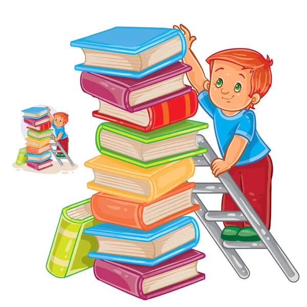 Menino vetor está de pé na escada e empilhando livros com uma pilha . —  Vetores de Stock