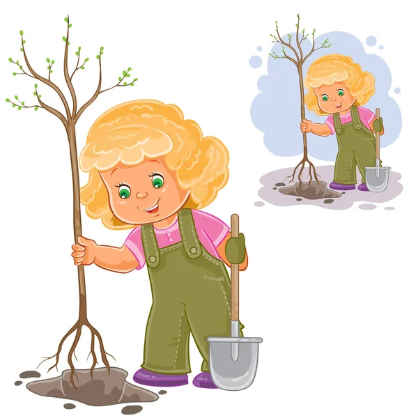 Vektor ilustrasi seorang gadis kecil menanam pohon - Stok Vektor