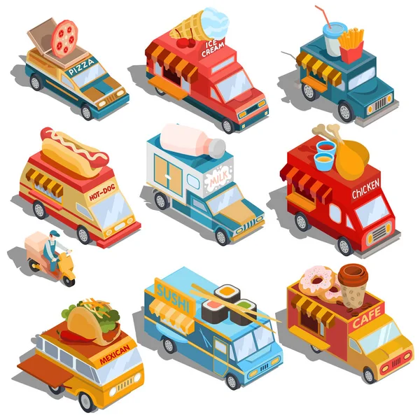 Isometric illustrations of cars fast delivery of food and food trucks