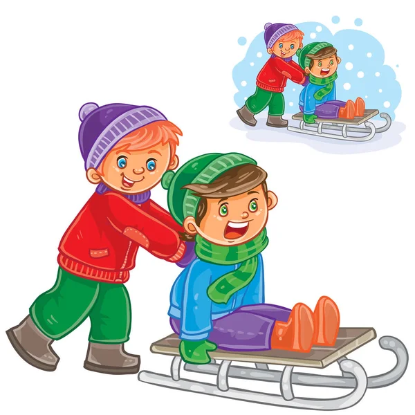 Vector two boys friends ride a sled — Stock Vector