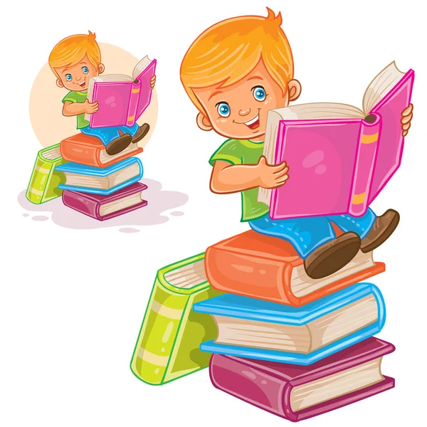El niño está sentado en un montón de libros y leyendo otro libro. — Archivo Imágenes Vectoriales