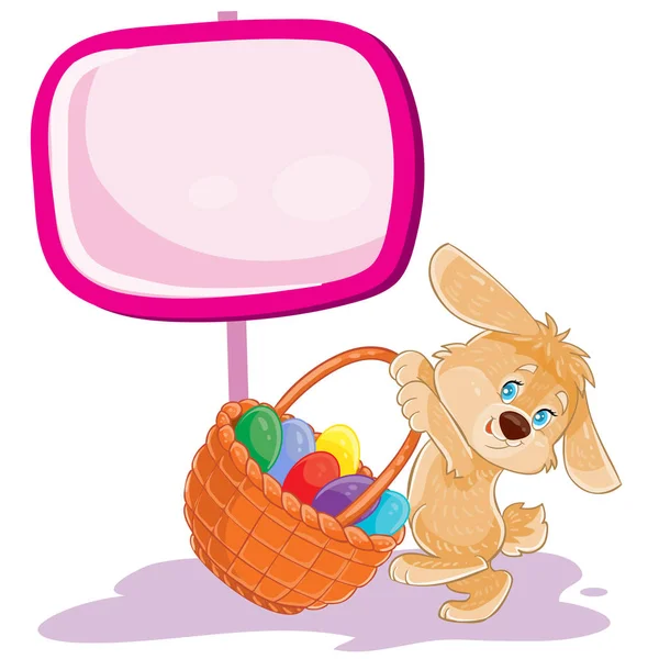 Vector conejito de Pascua sosteniendo una cesta para la caza en huevos de Pascua decorados . — Vector de stock