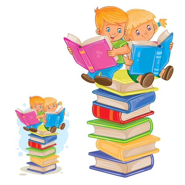 Vector niño y niña sentados en un montón de libros y lectura . — Vector de stock