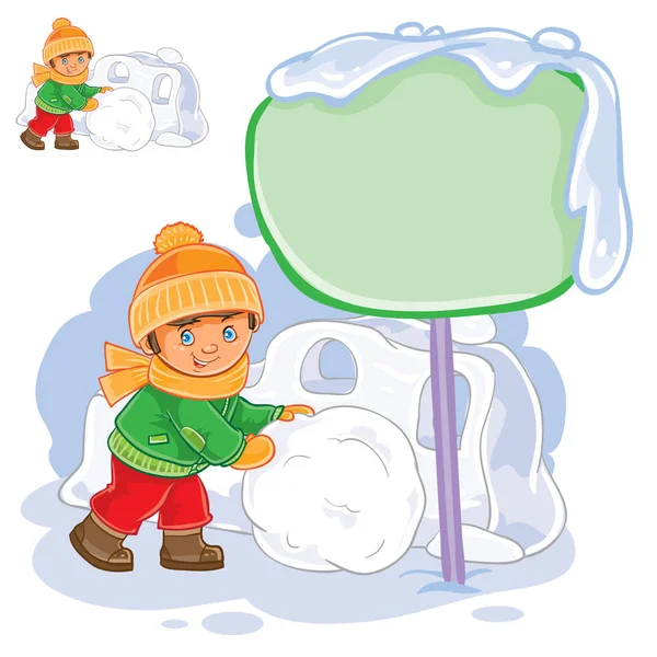 Vector little boy rolling a snowball and building a snow fortress — Stock Vector