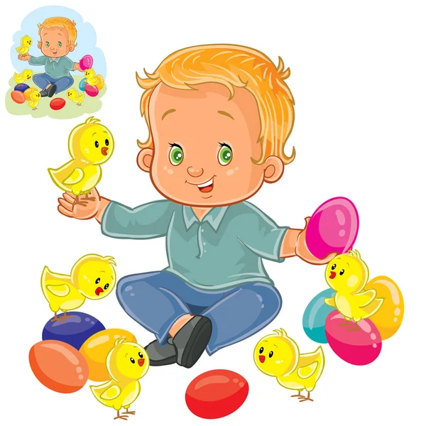 Vector little boy playing with decorated Easter eggs and yellow chickens. — Stock Vector