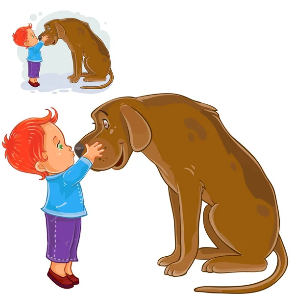 Διάνυσμα λίγο αγόρι αγκαλιάζει το κεφάλι και φιλιά μύτη του σκύλου s — Διανυσματικό Αρχείο