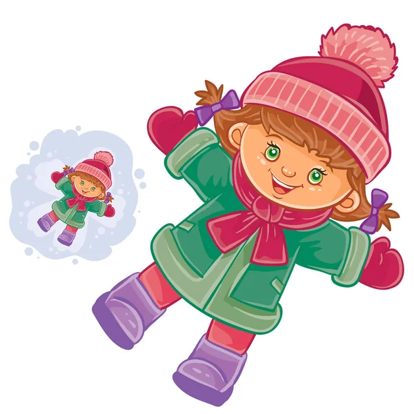 Vector niña tendida en la nieve y haciendo un ángel de nieve . — Vector de stock