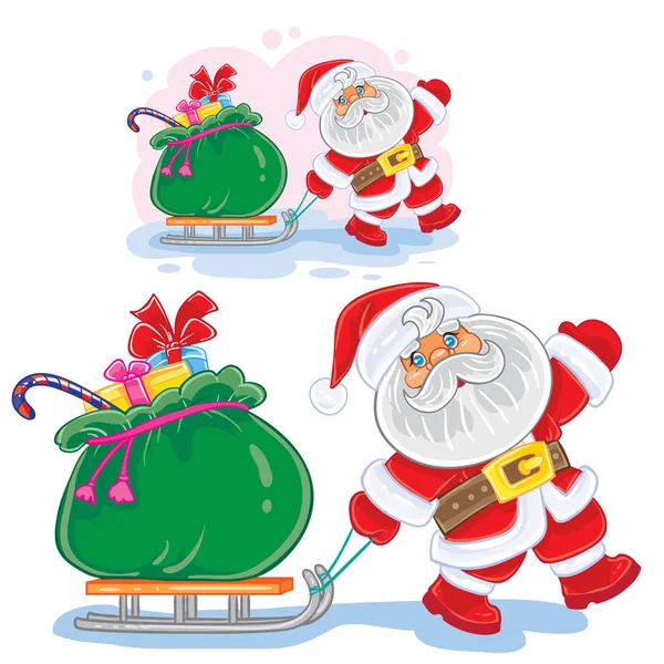 Vector winter Christmas, New Year illustration Santa Claus pulls a sleigh with a bag of gifts. — Stock Vector