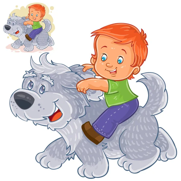 大きな犬の上に座って、彼の耳にしがみつく小さな男の子をベクトルします。. — ストックベクタ
