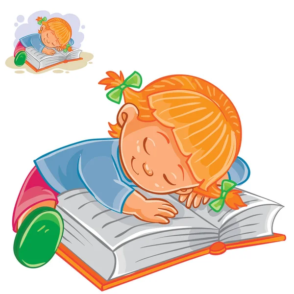 Ragazzina vettoriale che legge un libro e si addormenta su di esso . — Vettoriale Stock