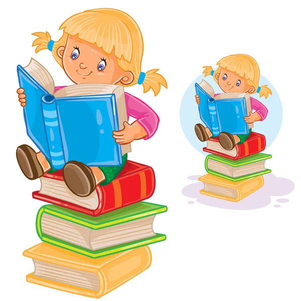 Little girl is sitting on a pile of books and reading another book — Stock Vector