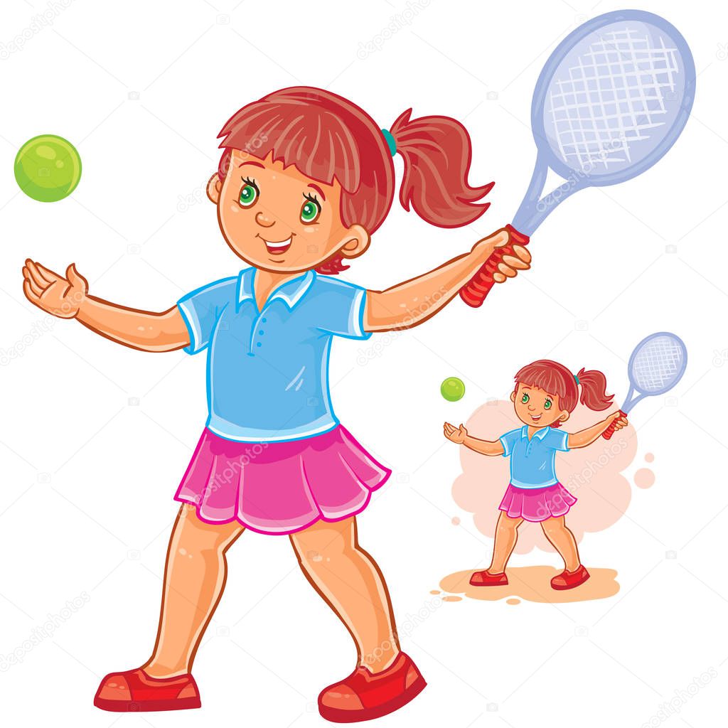 Vector illustration of little girl playing tennis