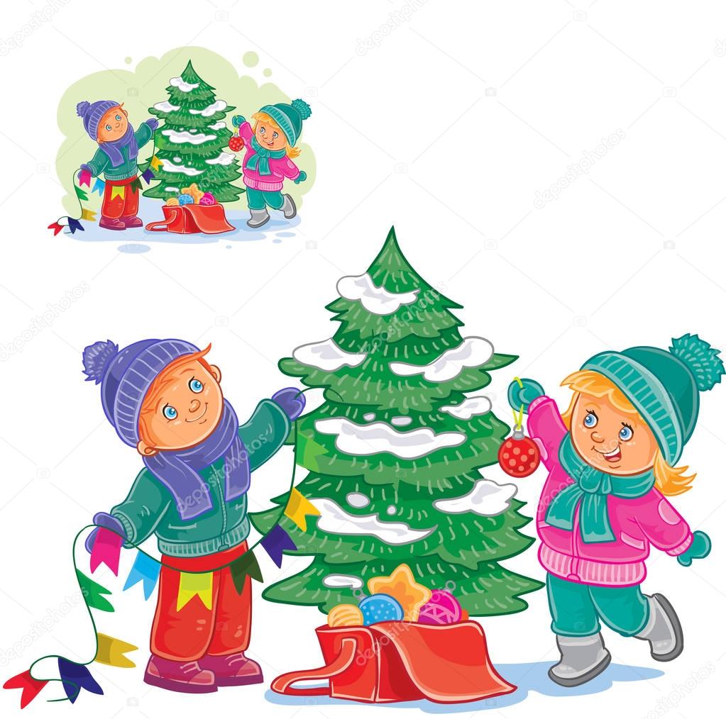 Vector winter christmas illustration of a little boy and girl decorating a Christmas tree with balls and garlands. Template for greeting cards, postage stamps