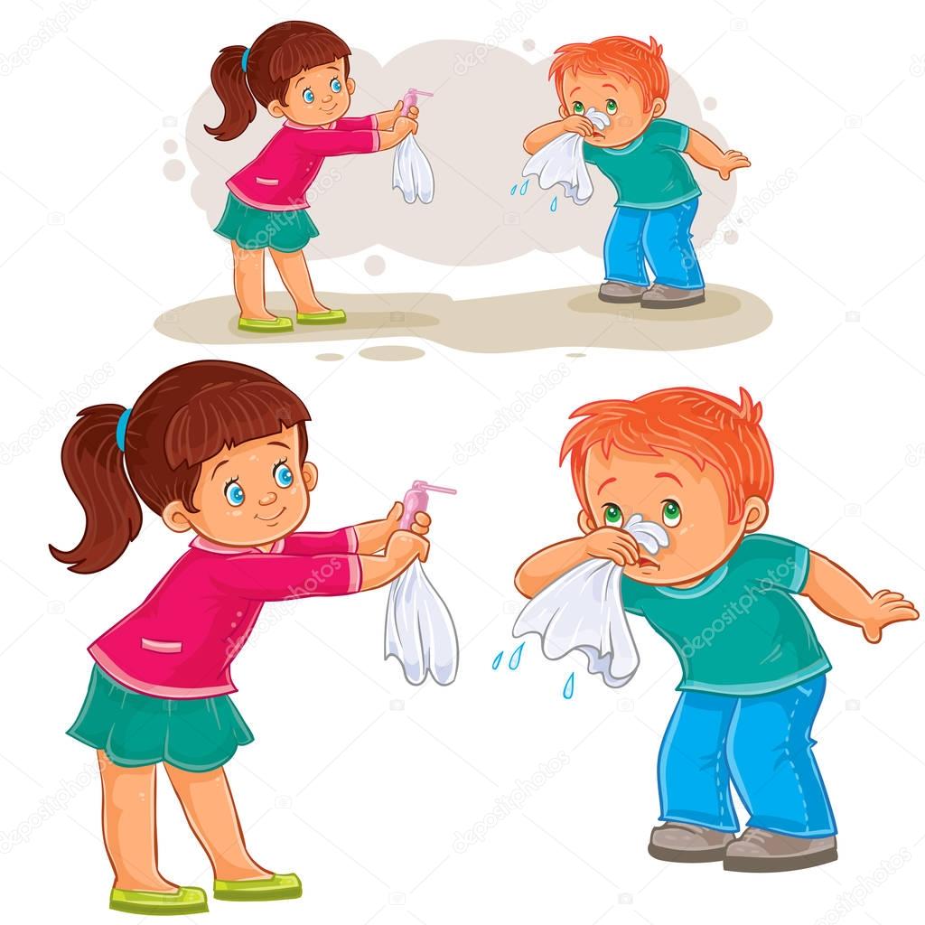 Vector little girl giving a handkerchief to a boy sick with snot, allergy