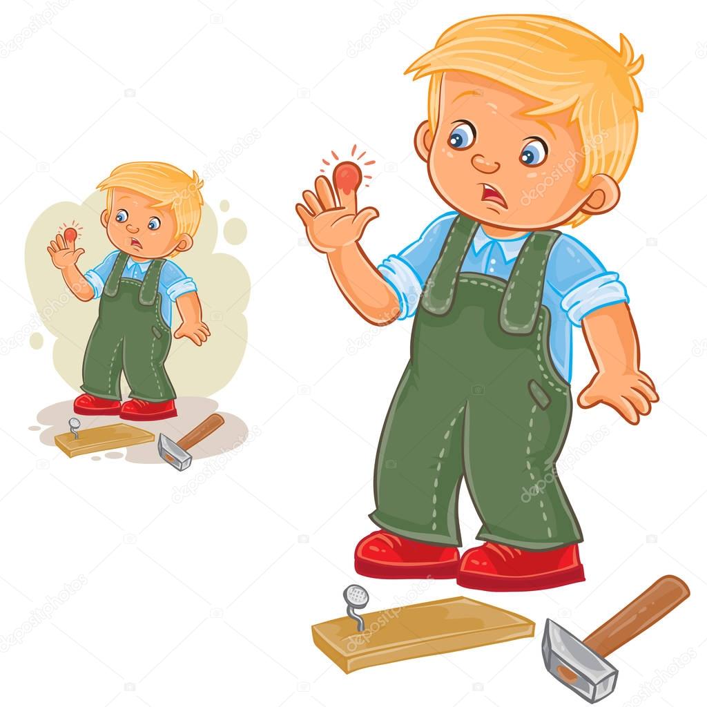 Vector little boy hammering a nail and bruised finger