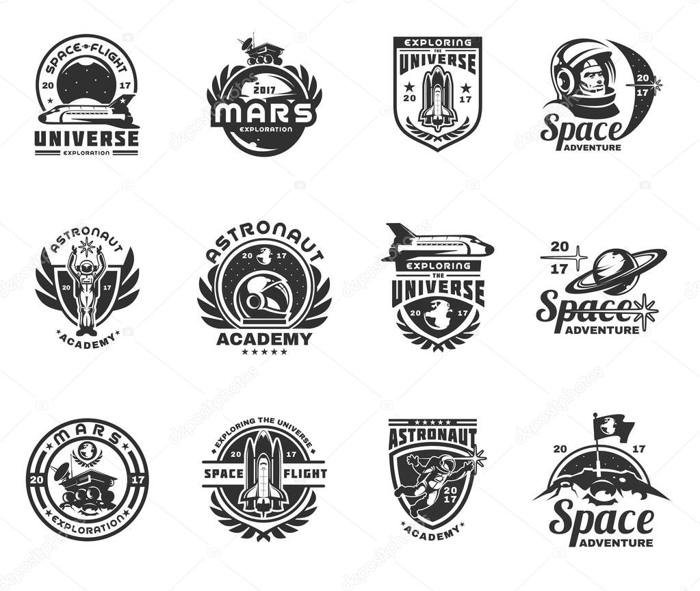 Set of vector icons of space. Elements of design, badges, logo and emblem on a white background. The concept of space travel