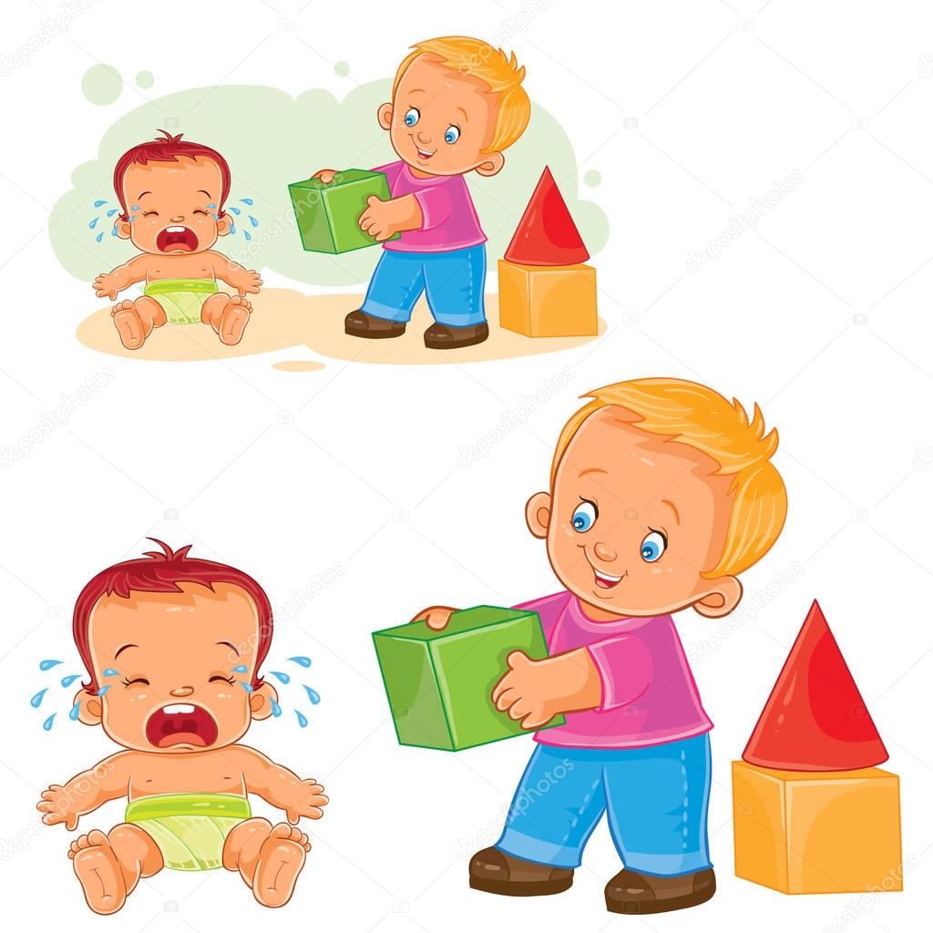 Vector illustration of a little baby crying while an older brother wants to comfort him and gives his cube. Print