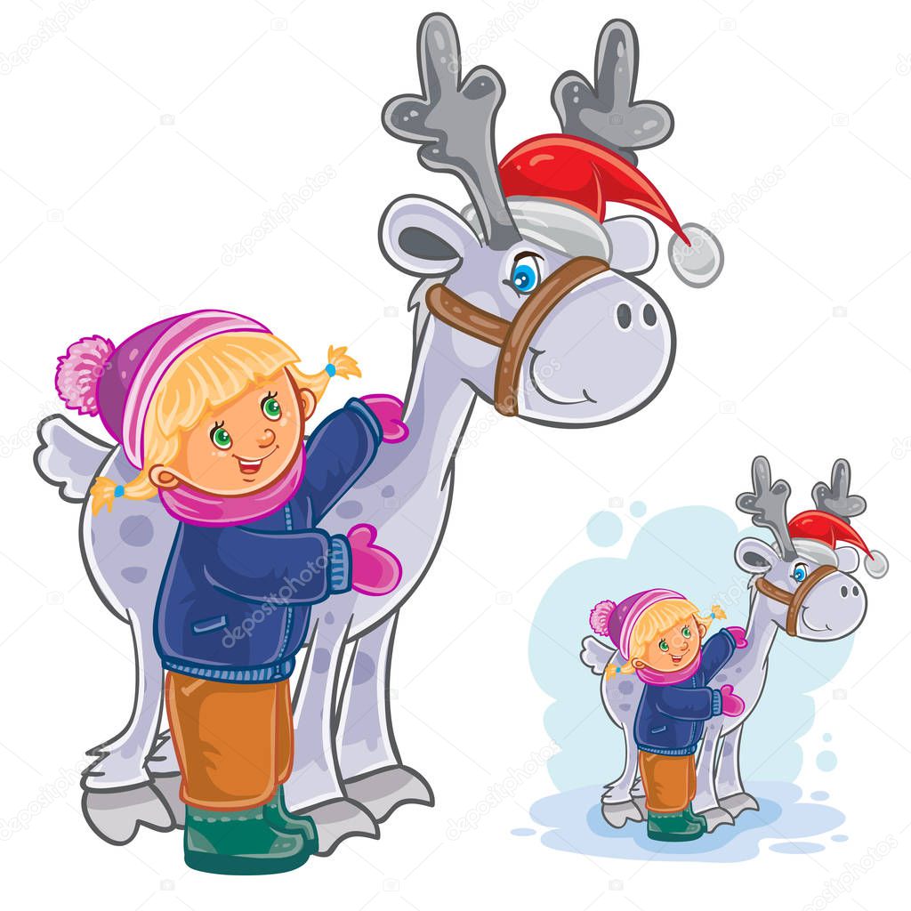 Vector winter Christmas, New Year illustration of little girl hugging deer Santa Claus. Print, template for greeting cards, postage stamps