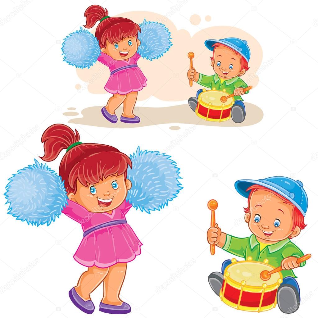Vector illustration of a little boy knocking out a shot on the drum while a cheerful girl is dancing with pom-poms