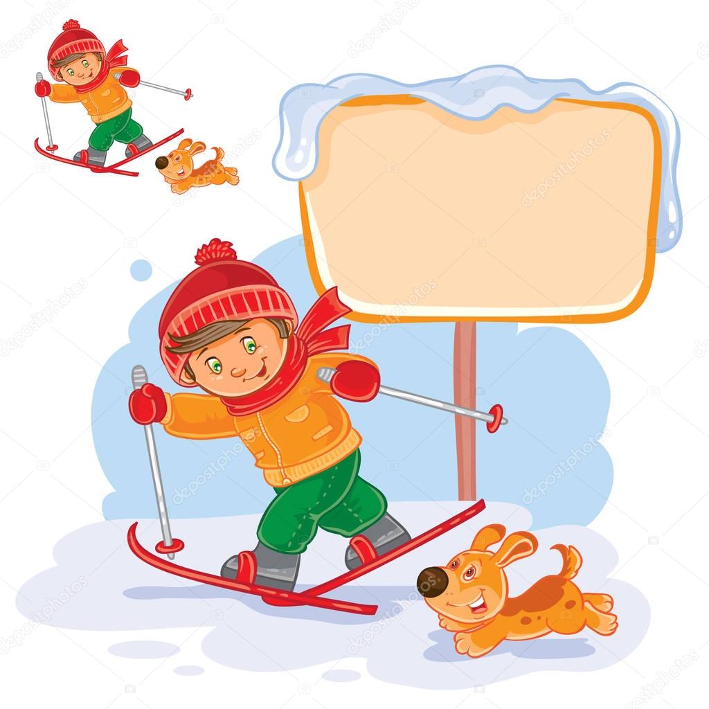 Vector winter illustration of a little boy skiing, next to him runs his dog. Speech bubble