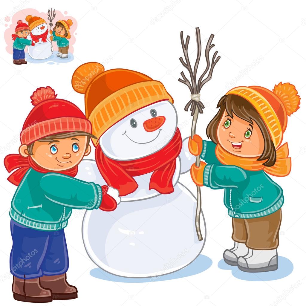 Vector winter illustration of a little girl and boy making a snowman. Print for T-shirts, template for greeting cards, postage stamps