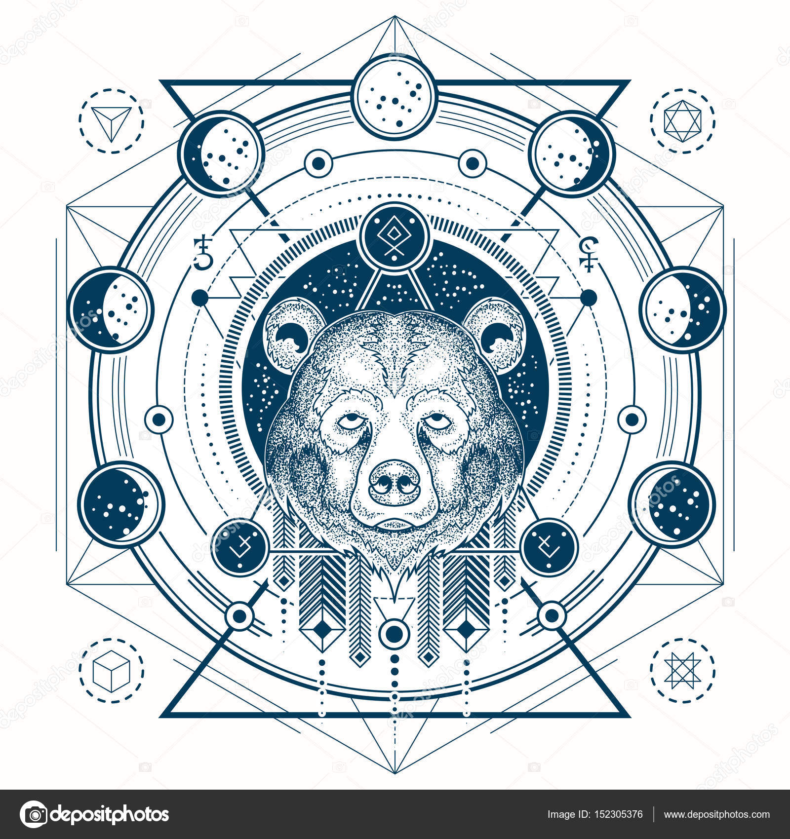 Vector illustration of a geometric tattoo front view of a bear s head and  moon phases Stock Vector Image by ©vectorpocket #152305376