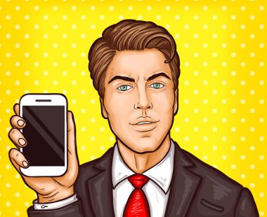 Onun bir smartphone gösterilen vektör pop sanat işadamı