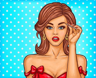 Pop art güzel kız kaş düzeltme cımbız ile yapar.
