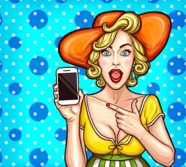 Genç bir adam bir cep telefonu elinde tutan ve onun ekran gösterilen vektör pop sanat çizim