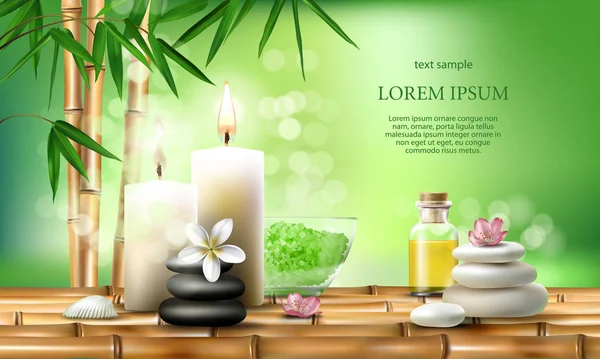 Illustration vectorielle pour soins spa avec sel aromatique, huile de massage, bougies . — Image vectorielle