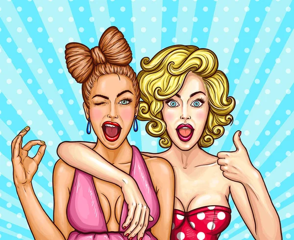 Ilustración de arte pop vectorial de dos chicas jóvenes glamorosas demuestran su deleite — Vector de stock