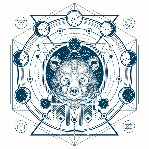 Ilustração vetorial de uma tatuagem geométrica vista frontal das fases de cabeça e lua de um urso — Vetor de Stock