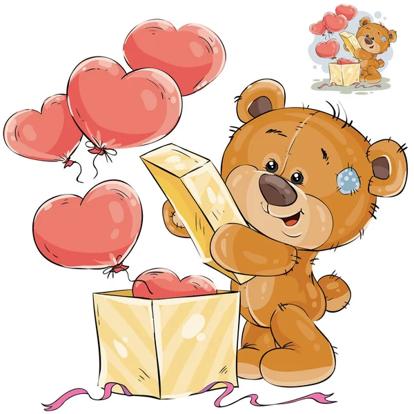 Teddybeer opent een doos met ballonnen — Stockvector