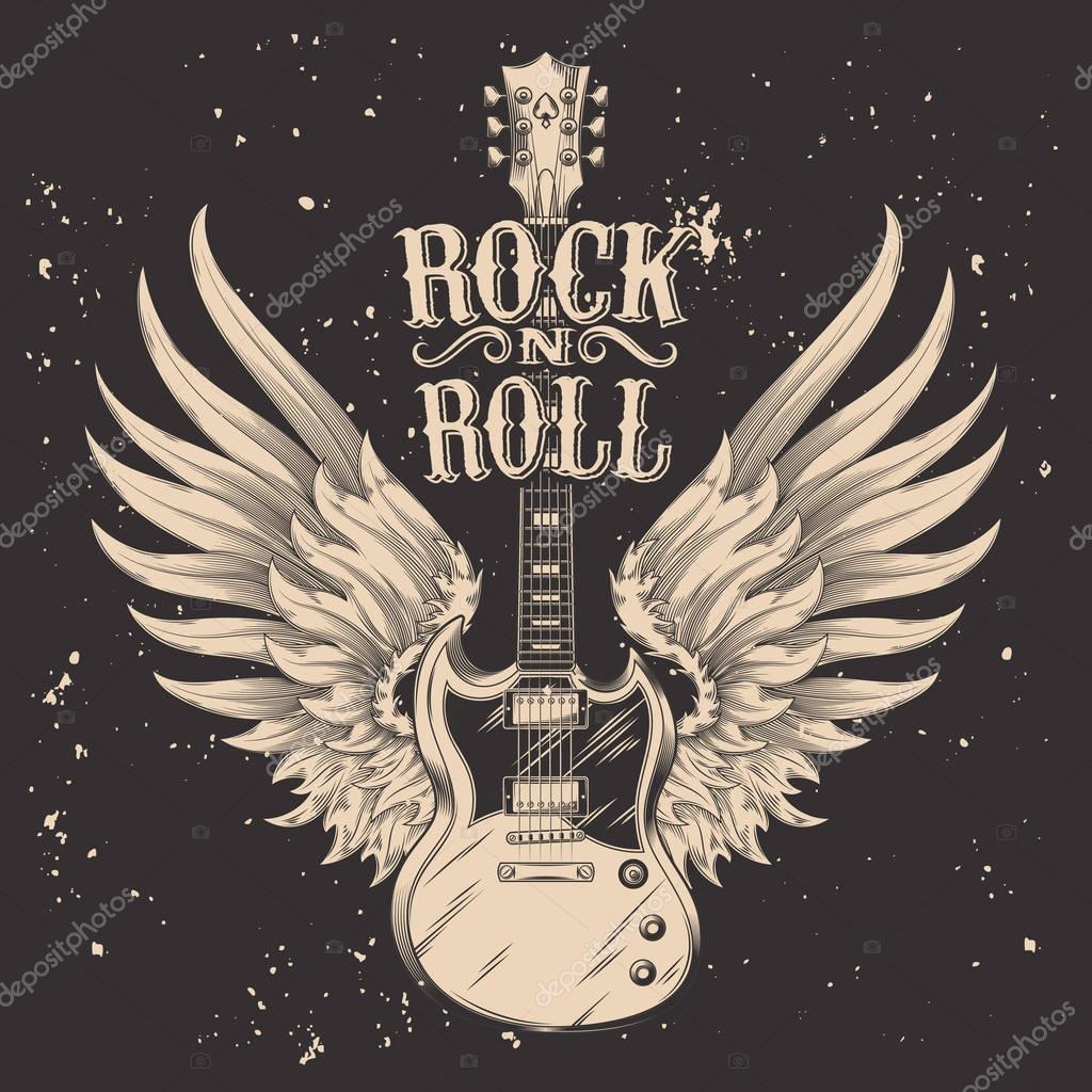 Vector monochrome illustration of an electric guitar with wings. Design element for the advertising poster of the rock festival, sketch for the tattoo, print for the t-shirts