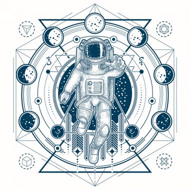 Bir dövme astronot uzay giysisi ve ay evreleri ile vektör çizimi