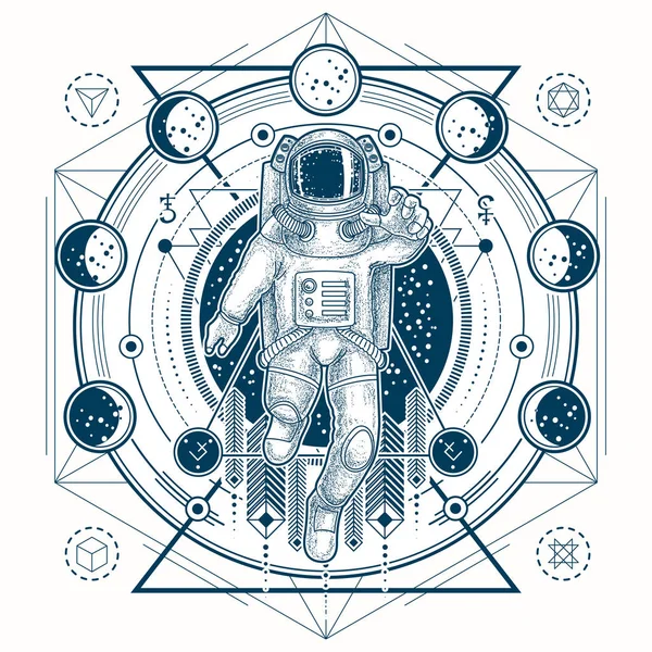 Σκίτσο διάνυσμα του ένα τατουάζ με αστροναύτης σε ένα χώρο κοστούμι και φάσεις της Σελήνης — Διανυσματικό Αρχείο