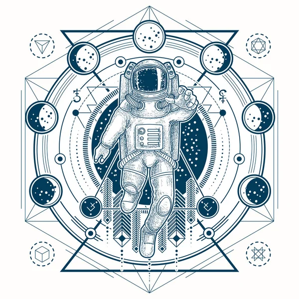 Vector sketch of a tattoo with astronaut in a space suit and moon phases — Stock Vector