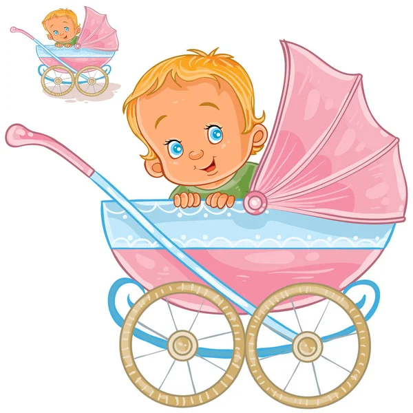 Ilustração vetorial de um bebê está em um carrinho de bebê e sorrindo, vista lateral . —  Vetores de Stock