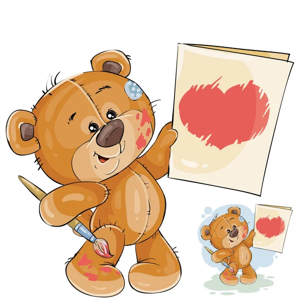 Ilustração vetorial de um urso de pelúcia segurando nas patas um quadro pintado com um coração vermelho . —  Vetores de Stock