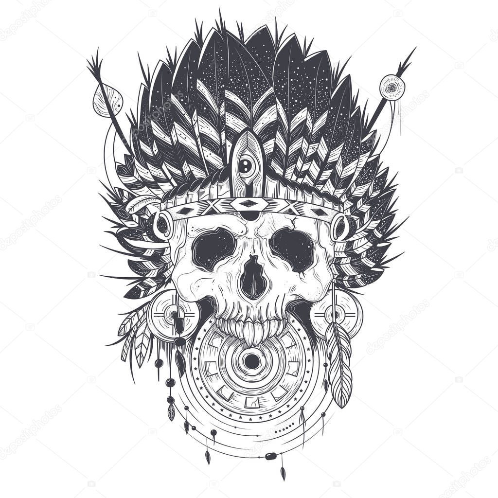 Vector illustration of a human skull in an indian feather hat, tattoo template