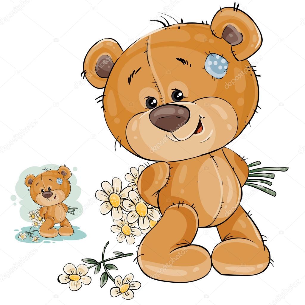 Vector teddy bear hides behind back a bouquet of flowers and does not dare to give them to her girlfriend.