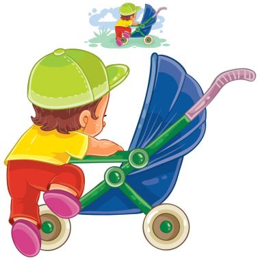 Vector clip art illustration of little child climbs into a pram clipart