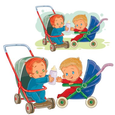 Vector illustration of one little baby stretches his milk bottle to another baby clipart