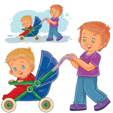 Vector clip art illustration older brother wheeled baby stroller with kids. clipart
