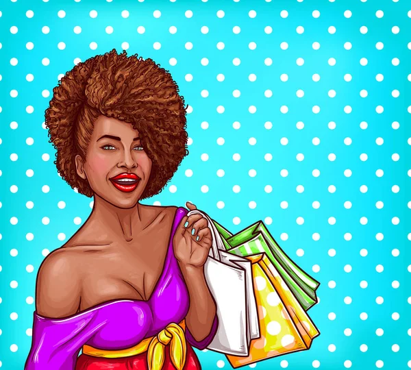 Illustration vectorielle pop art d'une femme noire tenant des sacs à provisions — Image vectorielle