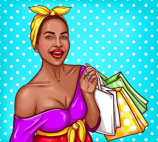Vector pop arte ilustração de uma mulher negra segurando sacos de compras — Vetor de Stock