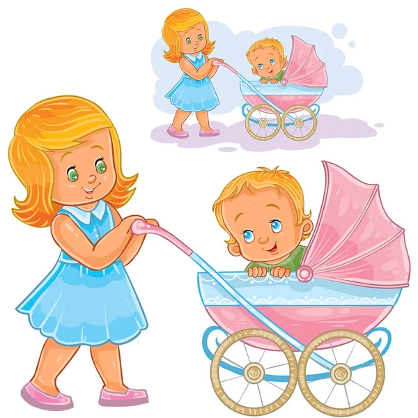 Векторна кліп-арт ілюстрація старшої сестри колісні дитячі перевезення з дитиною — стоковий вектор